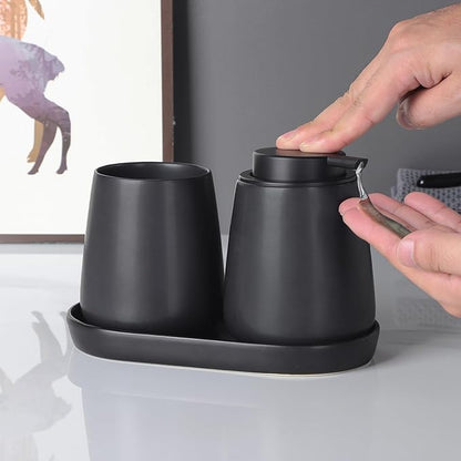 Matte Black Round Soap Dispenser Tray - 8'' Ceramic Vanity Tray for Bathroom Decorative, Jewelry Ring Dish, Comestic Holder, Kitchen Sink Countertop Organizer Plate