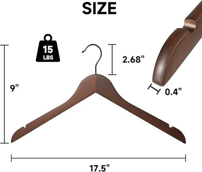 Premium Wooden Top Hangers, Heavy Duty Solid Wood Suit Hangers with 360° Swivel Hook & Anti-Slip Notches, Durable Clothes Hangers for Jackets, Coats, Shirts & Dresses(Walnut/24-Pack)