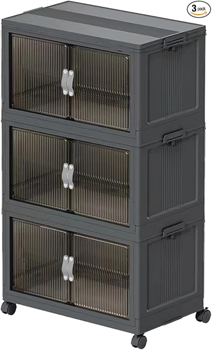 131QT Stackable Storage Bins with Lid & Door, 32 Gal Collapsible Plastic Storage Containers with Locking Wheel, Space Saving Foldable Organizer for Home Bedroom Office Gray 3T