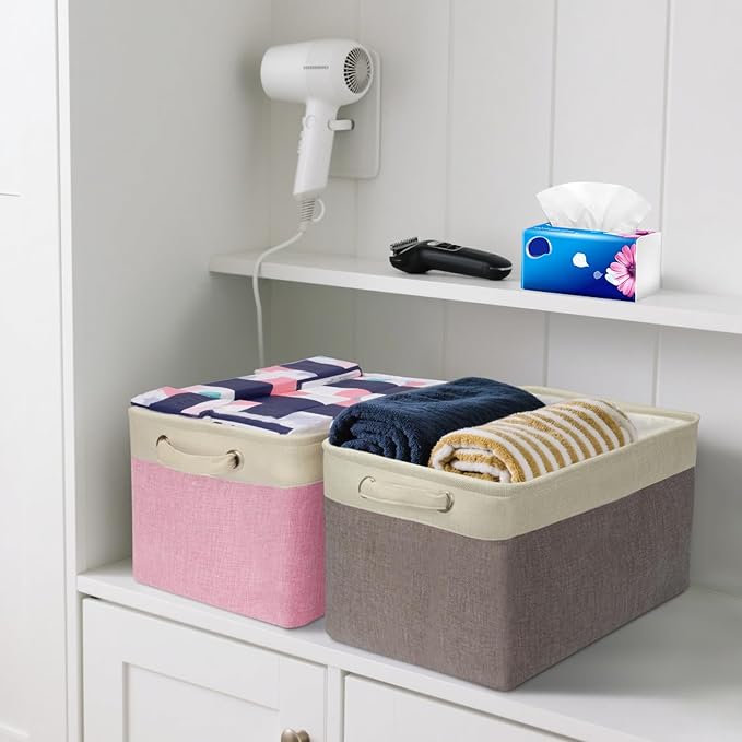 BALEINE 3 Pack Fabric Closet Storage Bins for Shelves, Linen Closet Organizers and Storage, Decorative Baskets for Organizing, Shelf, Clothes, Home, Office (Brown, 15"x11"x9.5")