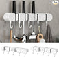 2Pcs Broom Holder Wall Mount, No-Drilling Self-Adhesive Mop and Broom Storage Rack with Hooks (4 Racks with 5 Hooks), Wall-Mounted Broom Hanger for Bathroom, Kitchen, Closet, Garage (White ﻿)