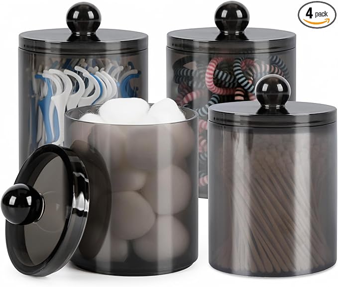 WEISHI 4 Pack Qtip Holder Dispenser - Cotton Ball, Swab, Round Pads, Floss , Small Plastic Apothecary Jar Containers with Lids for Bathroom Storage and Organization, Vanity Organizer ( Black )