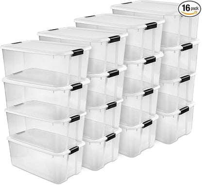 Sterilite 16-Pack Ultra Latching Box, Storage Bins with Lids, Clear Plastic, 116 Quart - Heavy-Duty Organizing Containers for Closet, Bathroom, and Office