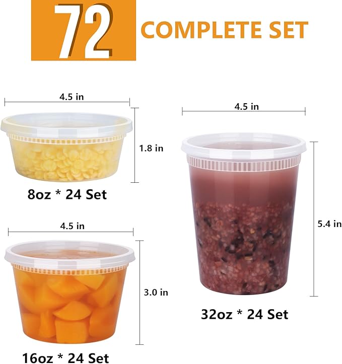 NESCCI 72 Sets (144-Piece) Deli Containers with Lids, 32/16/8 oz X 24 Set Each, Leak-Proof & BPA Free Airtight Takeout Plastic Food Storage Containers for Soup, Meal Prep,Microwave/Freezer Safe