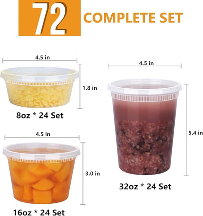 NESCCI 72 Sets (144-Piece) Deli Containers with Lids, 32/16/8 oz X 24 Set Each, Leak-Proof & BPA Free Airtight Takeout Plastic Food Storage Containers for Soup, Meal Prep,Microwave/Freezer Safe