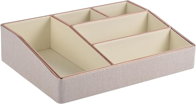 PU Leather Makeup Organizer Tray,Large Vanity Organizer,Cosmetic Storage Box for Lipstick Brushes Skincare Perfume,Cosmetic Display Case Rose Gold-trimmed for Dresser,Bathroom Countertop(Beige)