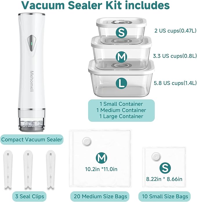 Mehomeli Compact Vacuum Sealer for Food (Vacuum Sealer Machine+3 Glass Vacuum Containers+30 Reusable Vacuum Bags),Powerful Handheld Vacuum Seal Machine,Seal Meal Saver,Portable Food Sealer,Easy-Clean