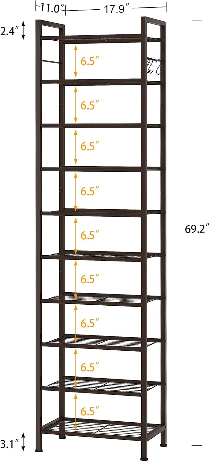 usikey 10 Tiers Narrow Shoe Rack 20-30 Pairs, Sturdy Metal Tall Shoe Rack Shelf with 4 Hooks, Slim Shoe Storage with Metal Shelf, Space Saving Vertical Shoe Organizer for Entryway Bronze UNYXJX018A