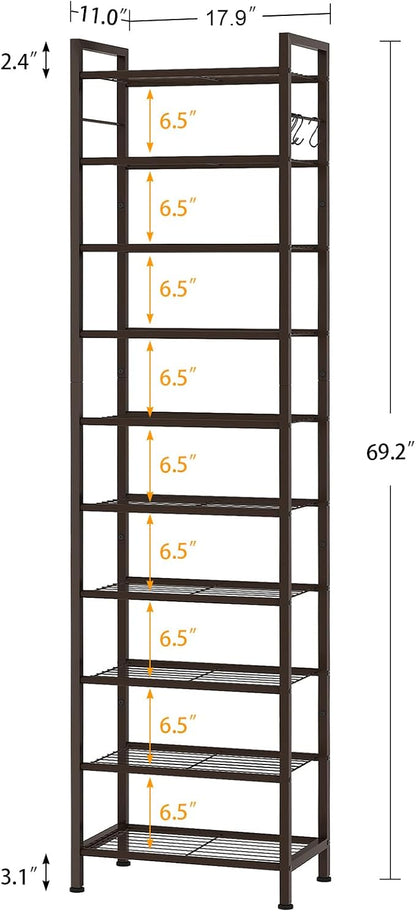 usikey 10 Tiers Narrow Shoe Rack 20-30 Pairs, Sturdy Metal Tall Shoe Rack Shelf with 4 Hooks, Slim Shoe Storage with Metal Shelf, Space Saving Vertical Shoe Organizer for Entryway Bronze UNYXJX018A