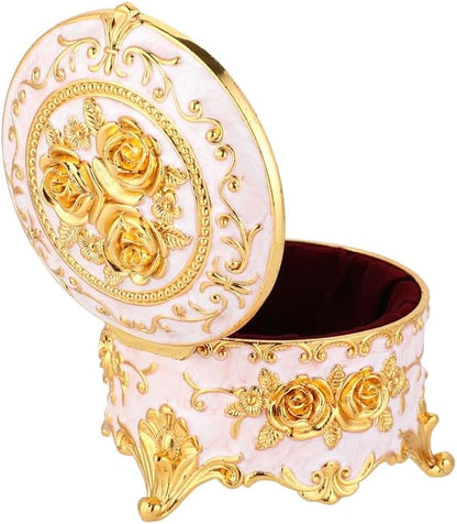 Retro round jewelry box creative small accessory storage box metal chest ring box collection commemorative box earring box earring necklace storage box women's gift small (Beige)