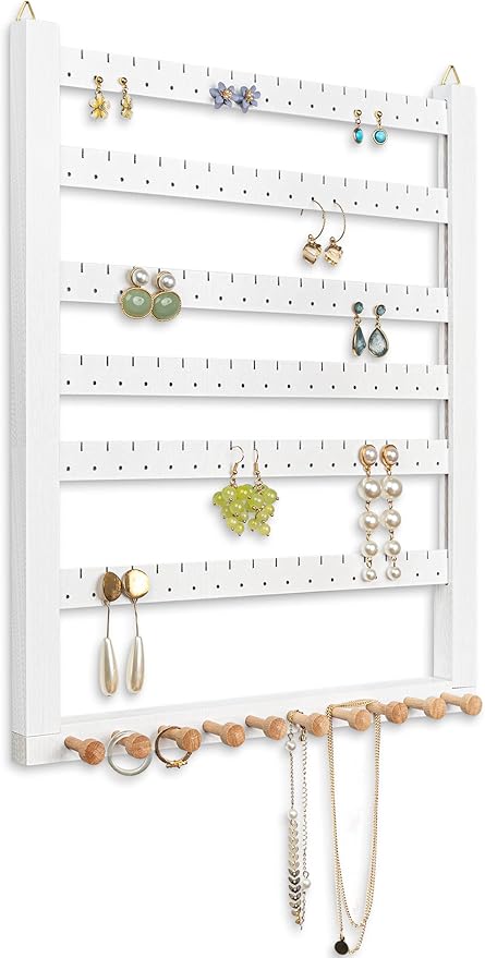 Mymazn Easy Assemble Solid Beech Wood Earring Hanging Necklace Holder Hanger Wall Mount Jewelry Organizer Rings Scruncies Organization