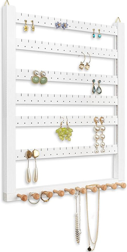 Mymazn Easy Assemble Solid Beech Wood Earring Hanging Necklace Holder Hanger Wall Mount Jewelry Organizer Rings Scruncies Organization