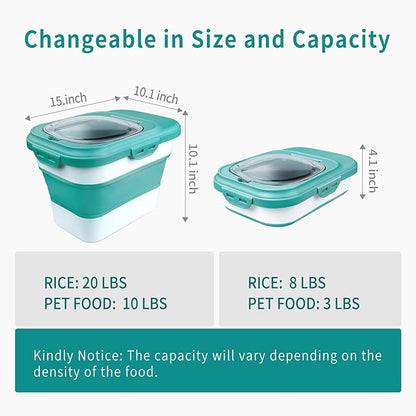Komzon Rice Storage Container, Collapsible Airtight Food Storage Containers 6-20 Lbs, Rice Dispenser with Measuring Cup and Small Bin for Flour Cereal Pasta Grain, Cat Pet Dog Bird Food Container