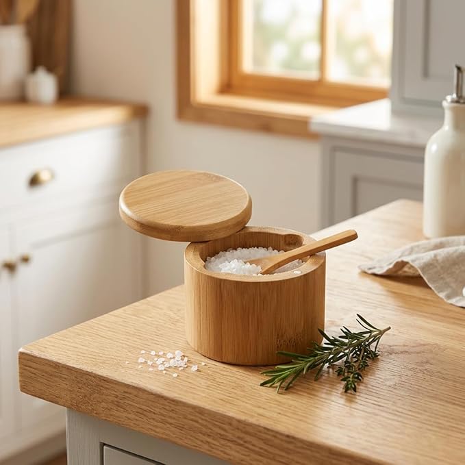 Salt Cellar with Magnetic Swivel Lid and Spoon – Bamboo Salt Box for Countertop, 6 oz Wooden Salt Container | Stores Sea Salt, Kosher Salt, Spices, Pepper & Sugar | Housewarming Gift for Home Cooks