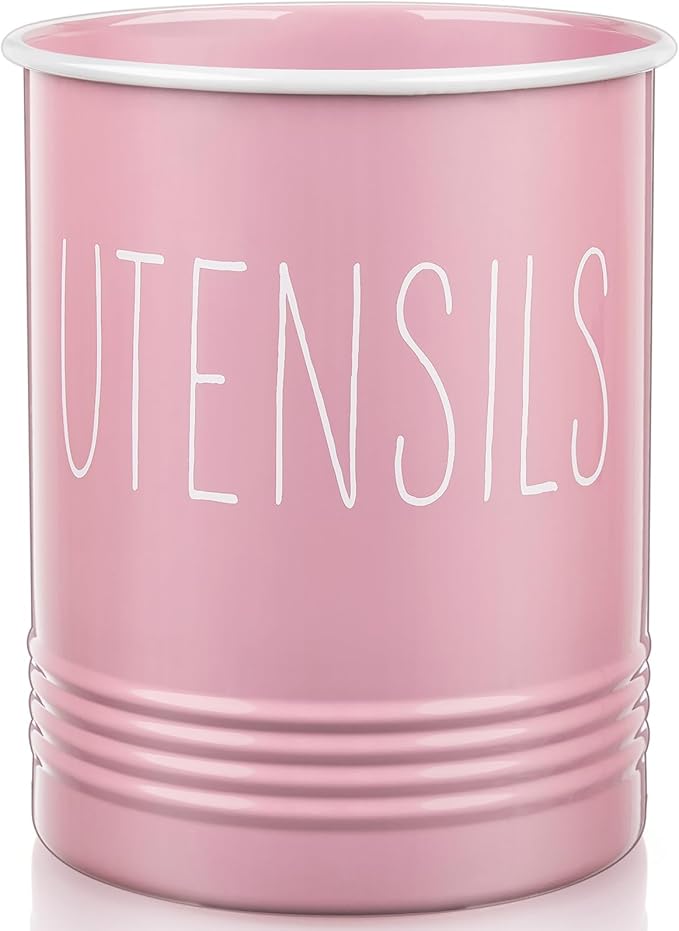 Bivvclaz Kitchen Utensil Holder - 6.7" Utensil Holder for Kitchen Counter - Cooking Utensil Crock with Cork Bottom - Pink Decor and Accessories - Utensil Storage Caddy Organizer