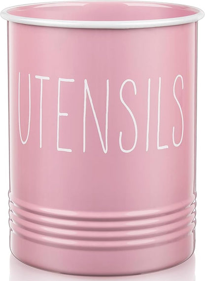 Bivvclaz Kitchen Utensil Holder - 6.7" Utensil Holder for Kitchen Counter - Cooking Utensil Crock with Cork Bottom - Pink Decor and Accessories - Utensil Storage Caddy Organizer