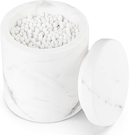 Natural Marble Canister, Cotton Swab Holder with Lid, High Capacity Bathroom Qtip Holder Storage for Cotton Swab, Floss Picks, Makeup Pad, Bath Salt, Jazz White(NS020)