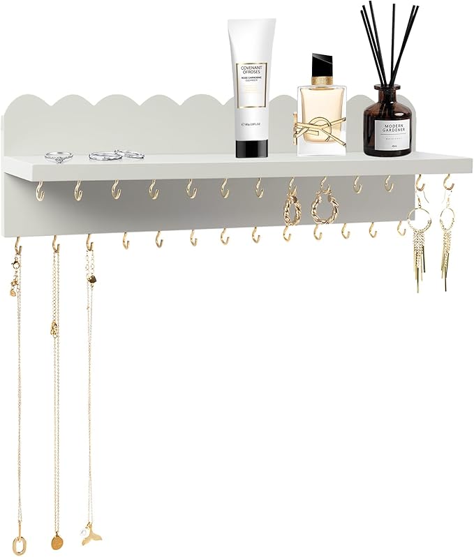 Wall Mount Jewelry Organizer with 26 Hooks and Cosmetics Shelf, Modern Wood Hanging Jewelry Holder for Necklaces, Bracelets, Earrings and Rings, Grey