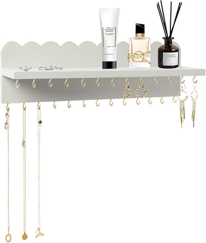 Wall Mount Jewelry Organizer with 26 Hooks and Cosmetics Shelf, Modern Wood Hanging Jewelry Holder for Necklaces, Bracelets, Earrings and Rings, Grey