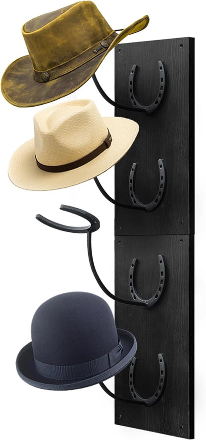 Montex Cowboy Hat Rack for Wall, Wooden Cowboy Hat Holder 4 Hats, Hanging Western Hat Rack, Hat Organizer with Horseshoe Mounts Western, Black