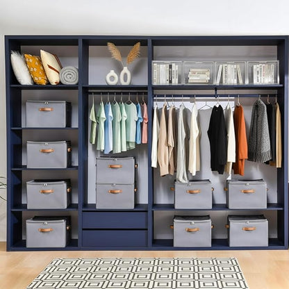 2 Pack Shoe Organizer for Closet, Foldable Storage Box with Adjustable Dividers, Holds 32 Pairs, Oxford & PP Board, Stackable Gray Bin with Clear Cover and Leather Handles, 17x17x12 inch