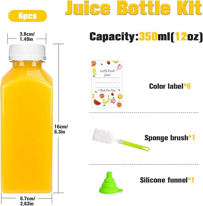 Plastic Juice Bottles, Reusable Juice Containers with White Tamper Proof Lids, Brush, Funnel and Labels, Clear Juice Containers for Juicing, Smoothie and Homemade Beverages (6PCS 12oz)