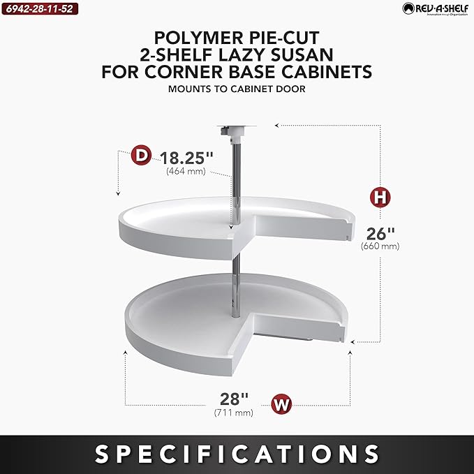 Rev-A-Shelf 2 Tier Pie-Cut Lazy Susan for Corner Base Cabinets, Plastic, 28" Double Shelf Swivel Kitchen Spice and Can Organizer, 28" W x 18.25" D x 26" H, White, 6942-28-11-52
