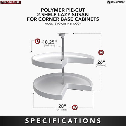 Rev-A-Shelf 2 Tier Pie-Cut Lazy Susan for Corner Base Cabinets, Plastic, 28" Double Shelf Swivel Kitchen Spice and Can Organizer, 28" W x 18.25" D x 26" H, White, 6942-28-11-52