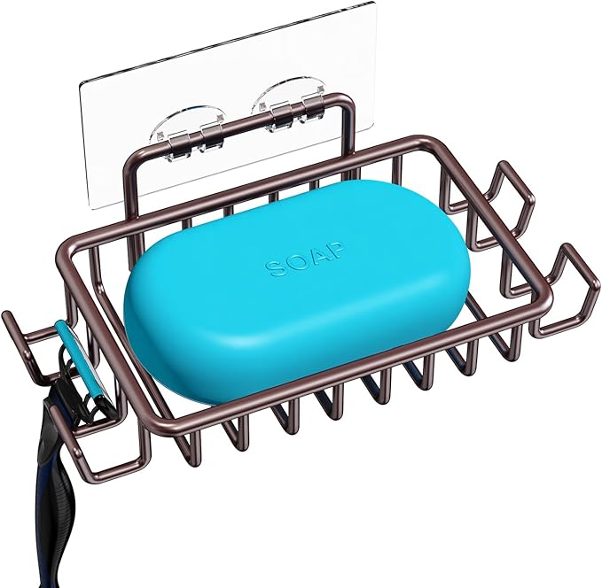 Nieifi Soap Dish Holder with 4 Hooks Stainless Steel Bronze Adhesive for Shower, Bathroom