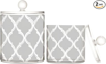 2 Pack Qtip Dispenser Apothecary Jars with Lids Cotton Round Holder Bathroom Canisters for Cotton Swab Floss Ball Pads Clear Plastic Decorative Grey Minimalist Quatrefoil