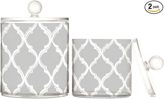 2 Pack Qtip Dispenser Apothecary Jars with Lids Cotton Round Holder Bathroom Canisters for Cotton Swab Floss Ball Pads Clear Plastic Decorative Grey Minimalist Quatrefoil