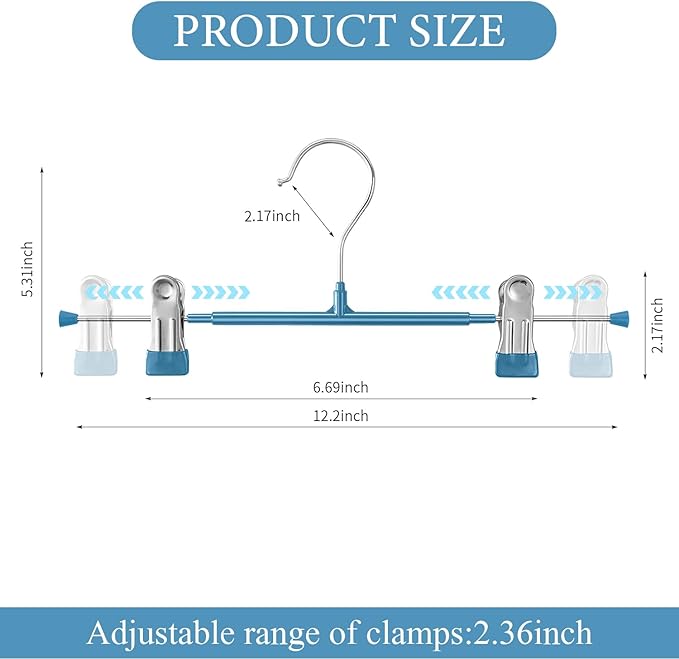 Pants Hangers with Clips 10 Pack Adjustable Skirt Hangers for Women Non-Slip Trousers Hanger for Jeans Clothes Hangers for Pants Heavy Duty Space Saving Shorts Hangers,Blue,12Inch