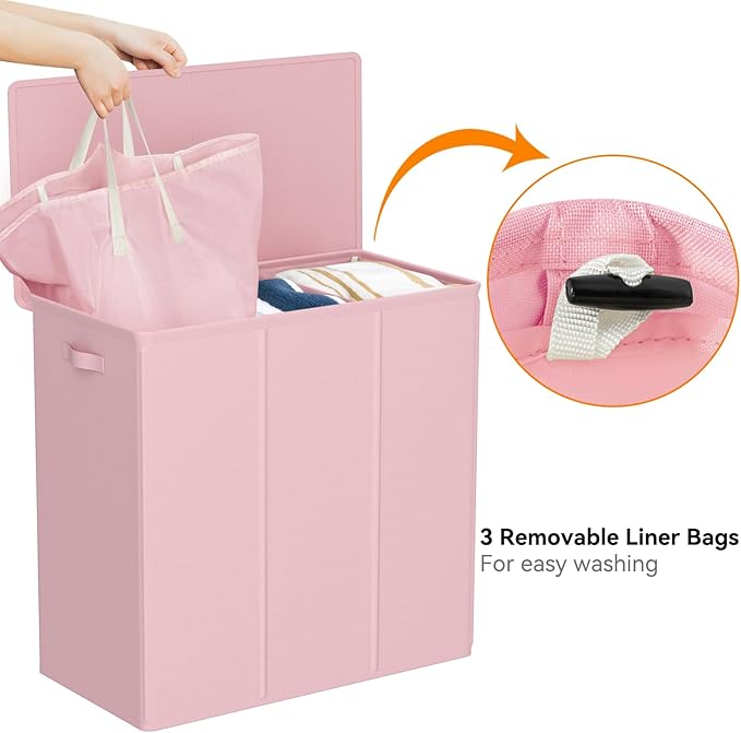 WOWLIVE 180L Laundry Hamper with Lid 3 Section,Large Laundry Basket with Removable Bags and Handles,Collapsible Dirty Clothes Hampers for Laundry,Laundry Basket Organizer for Laundry Room,Dorm,Pink
