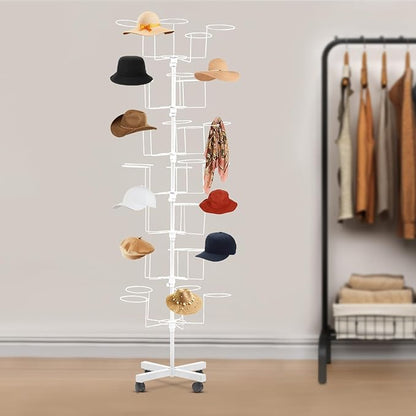 Freestanding Rotating Hat Display Rack: 7-Tiers, 35 Hooks, with Wheels, Black Metal Floor Stand for Hats, Wigs, and Caps - Ideal for Retail Stores and Organizing Headwear. (White)
