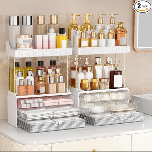 caktraie 2 Pack Bathroom Counter Organizer - 3 Drawers Makeup Organizer, Cosmetic Storage Drawer for Dresser Countertop and Bathroom Vanity for Large Skincare, Perfume, Clear