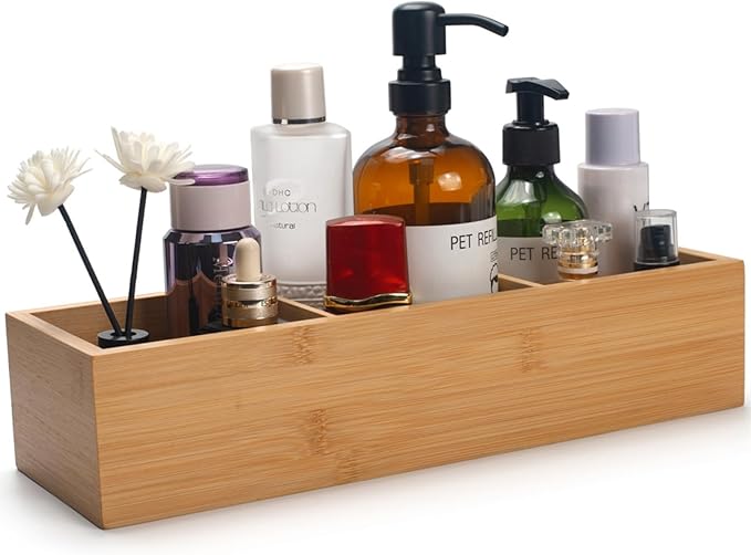 Bamboo Bathroom Basket, Wood Toilet Tank Basket, Wooden Storage Box with 3 Compartments for Bathroom Organizer (14.6 x 4.7 x 3.1 inch)