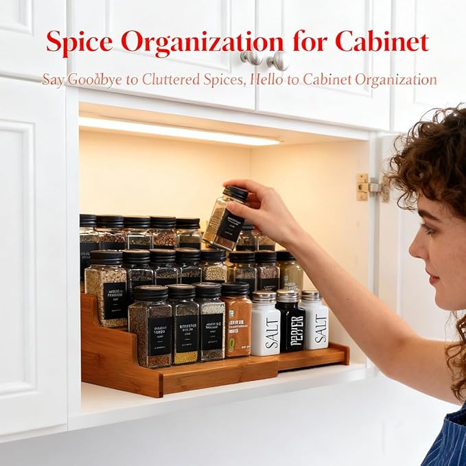 JinDoWin Spice Organization for Cabinet Spice Organizer, 3-Tier Spice Rack Organizer for Cabinet, Multi-Use Seasoning Rack (1, Dark Bamboo)