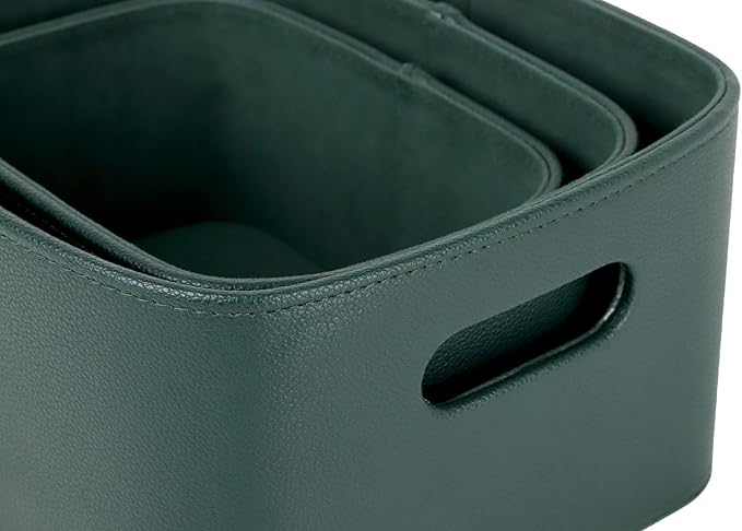 HofferRuffer Faux Leather Storage Baskets Bins with Velvet Lining for Organizing, Storage, Gifts, Set of 3 Nesting Shelf Baskets Decorative Storage Boxes for Home Organization (Green)