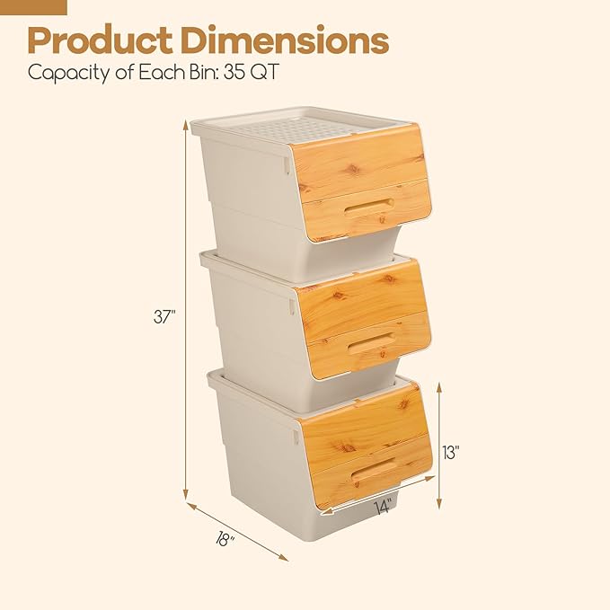 Giantex Plastic Stackable Storage Bins with Lids & Wheels, 6 Pack Open Front Stacking Bins, Organizer Bins for Pantry, Kitchen, Laundry, Closet, Playroom, Bedroom Organization (35 QT)