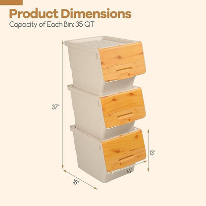 Giantex Plastic Stackable Storage Bins with Lids & Wheels, 6 Pack Open Front Stacking Bins, Organizer Bins for Pantry, Kitchen, Laundry, Closet, Playroom, Bedroom Organization (35 QT)