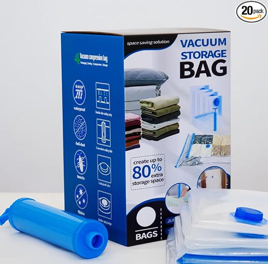 20 Vacuum Storage Bags, Space Saver Bags for Quilts and Blankets (4 Jumbo, 4 Large, 4 Medium, 4 Small, 4 Hand Roll Bags) with Hand Pump