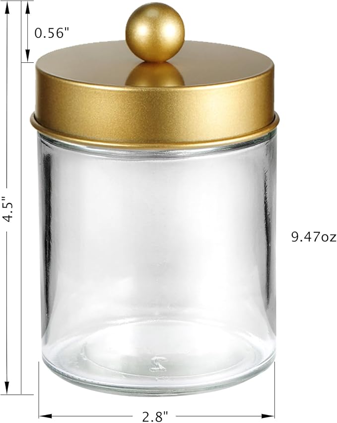 3PC Farmhouse Decor Qtip Holder Apothecary Jars Bathroom Vanity Storage Organizer -Countertop Canister Container &Cute Stickers for Cotton Swab,Ball,Pad,Floss,Paper Clips (Gold)