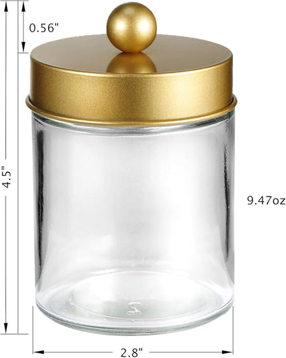 3PC Farmhouse Decor Qtip Holder Apothecary Jars Bathroom Vanity Storage Organizer -Countertop Canister Container &Cute Stickers for Cotton Swab,Ball,Pad,Floss,Paper Clips (Gold)