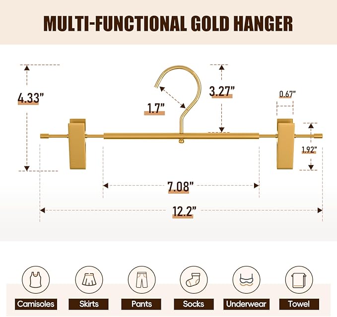 20 Pack Matte Gold Aluminum Pants Hangers with 2 Adjustable Clips & 360° Swivel Hooks, Lightweight & Sturdy, Non-Slip Rubber Pads for Trouser, Skirts, Jeans, Scarf, Camisoles, Kids & Adults