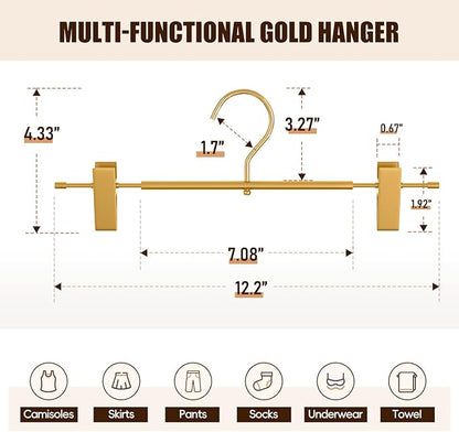 10 Pack Matte Gold Aluminum Pants Hangers with 2 Adjustable Clips & 360° Swivel Hooks, Lightweight & Sturdy, Non-Slip Rubber Pads for Trouser, Skirts, Jeans, Scarf, Camisoles, Kids & Adults