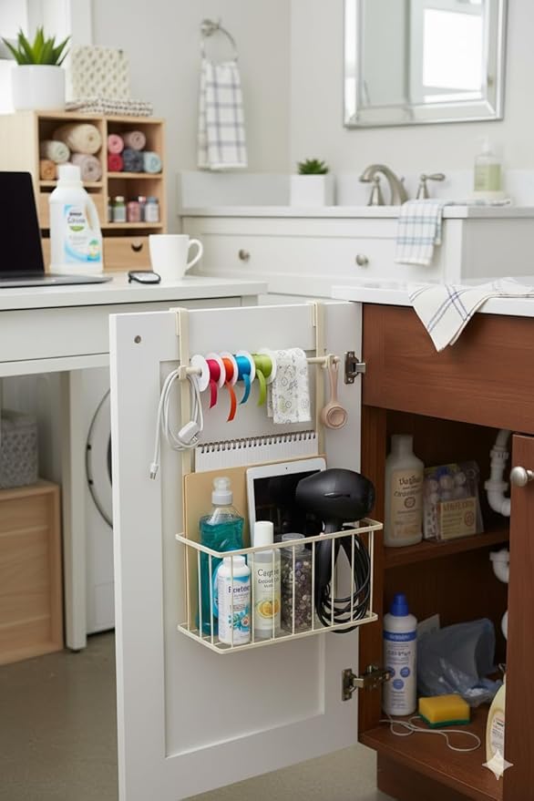 Feriha Over Cabinet Door Organizer with Towel Bar | 3-Height Adjustable Kitchen Cabinet Rack for Cutting Boards, Lids & Towels | Space-Saving Matte Black Holder (Ivory)
