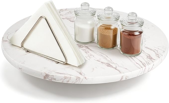 DEAYOU Marble Lazy Susan, Natural Marble Round Tray Turntable Cake Stand, 12" Lazy Susan Cheese Board with Silent Rotating for Serving, Table Display, Cupcake, White, Revolving Cake Leveler Spinner