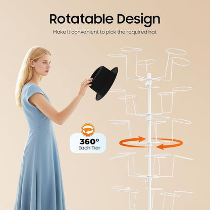Rotating Hat Display Rack Stand 7 Tiers, Metal Hats Display Stand with 35 Hooks, Cap Organizer Hat Display with Wheels Standing，Floor Standing Display Tower for Wig, Cap, Baseball Hat (White)