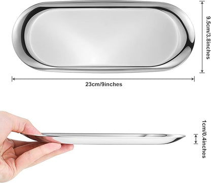 Silver Oval Vanity Tray - Stainless Steel Jewelry, Bathroom, Makeup Cosmetic, Towel Napkin Storage Organizer - 9 x 3.8 inches (LxW), Medium