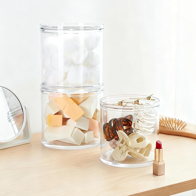Stackable Clear Plastic Container 4pack - Round Vanity Storage Organizers with Lids for Hair Accessories & Beauty Supplies & Bathroom Container Set